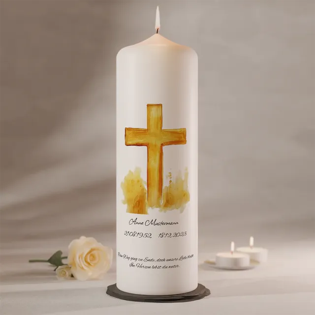 gedenken-schenken-kreuz-gold-aquarell-trauerkerze-200x70-personalisiert image 1