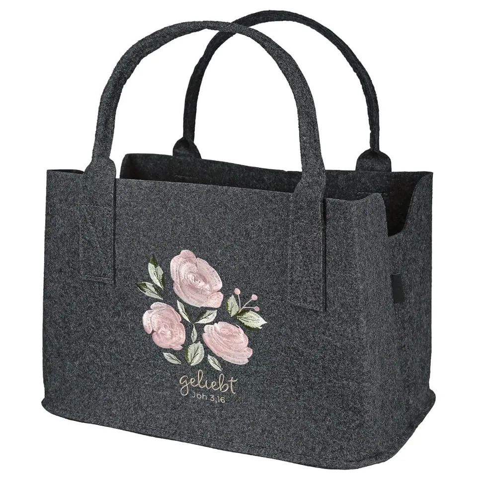 geliebt-filz-einkaufstasche-rosen-joh-3-16-grau image 1