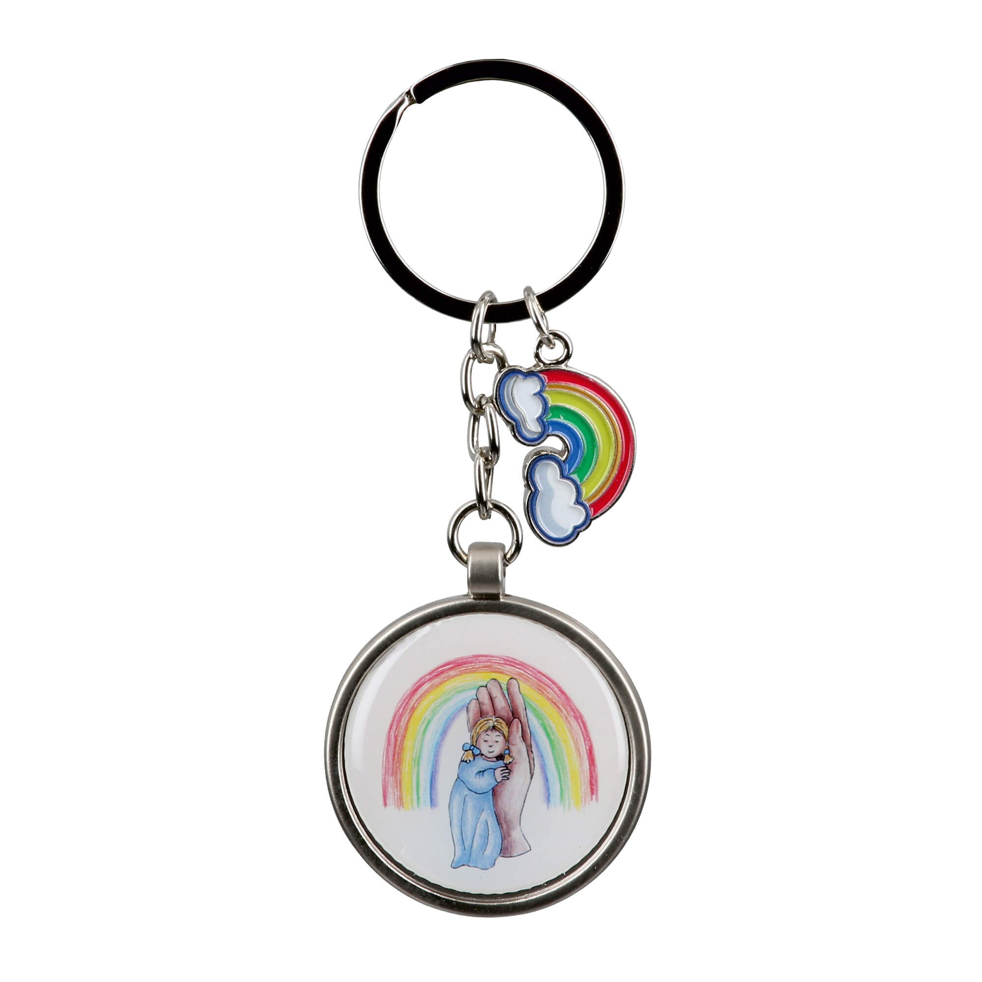 ulj-kind-in-hand-mit-regenbogen-schl-sselanh-nger-metall image 1