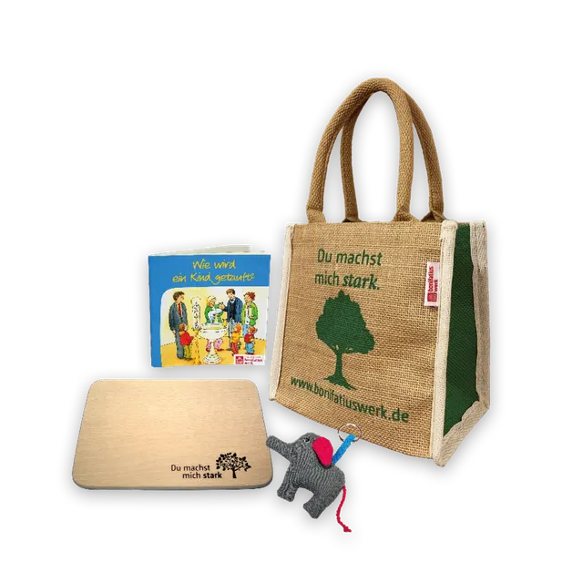bonifatiuswerk-tasche-geburt-taufe-baum-jutetasche-geschenkset image 1