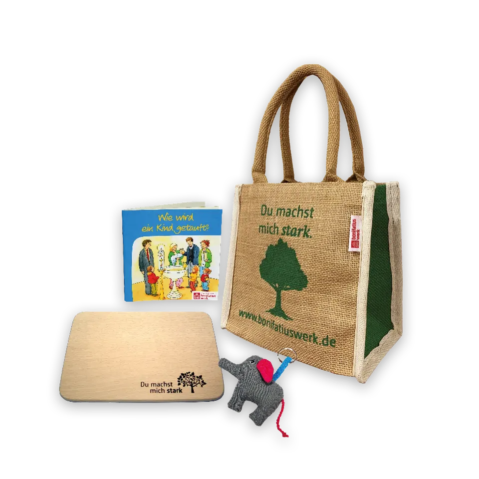 bonifatiuswerk-tasche-geburt-taufe-baum-jutetasche-geschenkset image 1