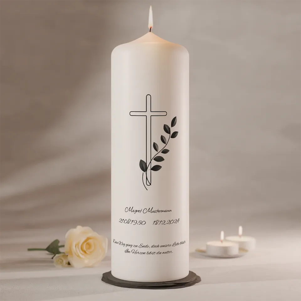 gedenken-schenken-kreuz-olive-trauerkerze-200x70-personalisiert image 1