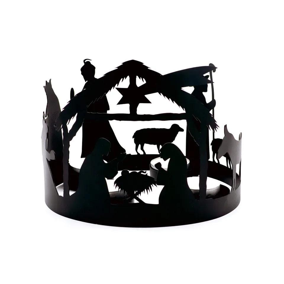 krippenszene-adventsleuchter-metall-schwarz-teelicht-adventskranz image 1