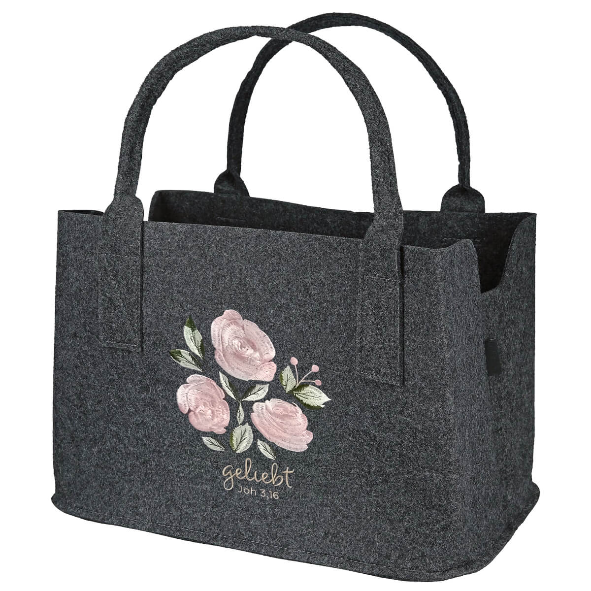 geliebt-filz-einkaufstasche-rosen-joh-3-16-grau image 1